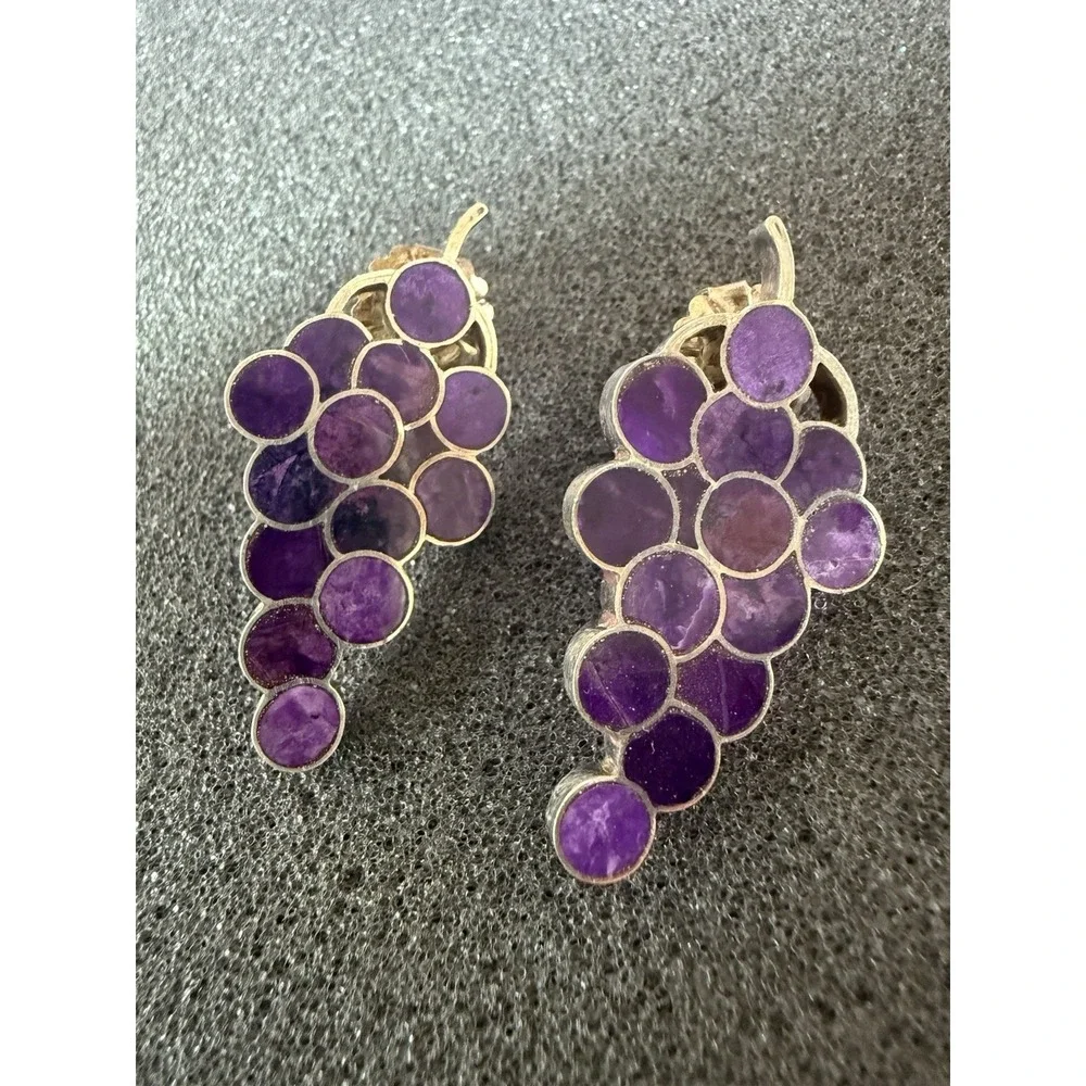 VTG R&F Milliron 925 Sterling Silver Purple Stone Inlay Grape Cluster Earrings
